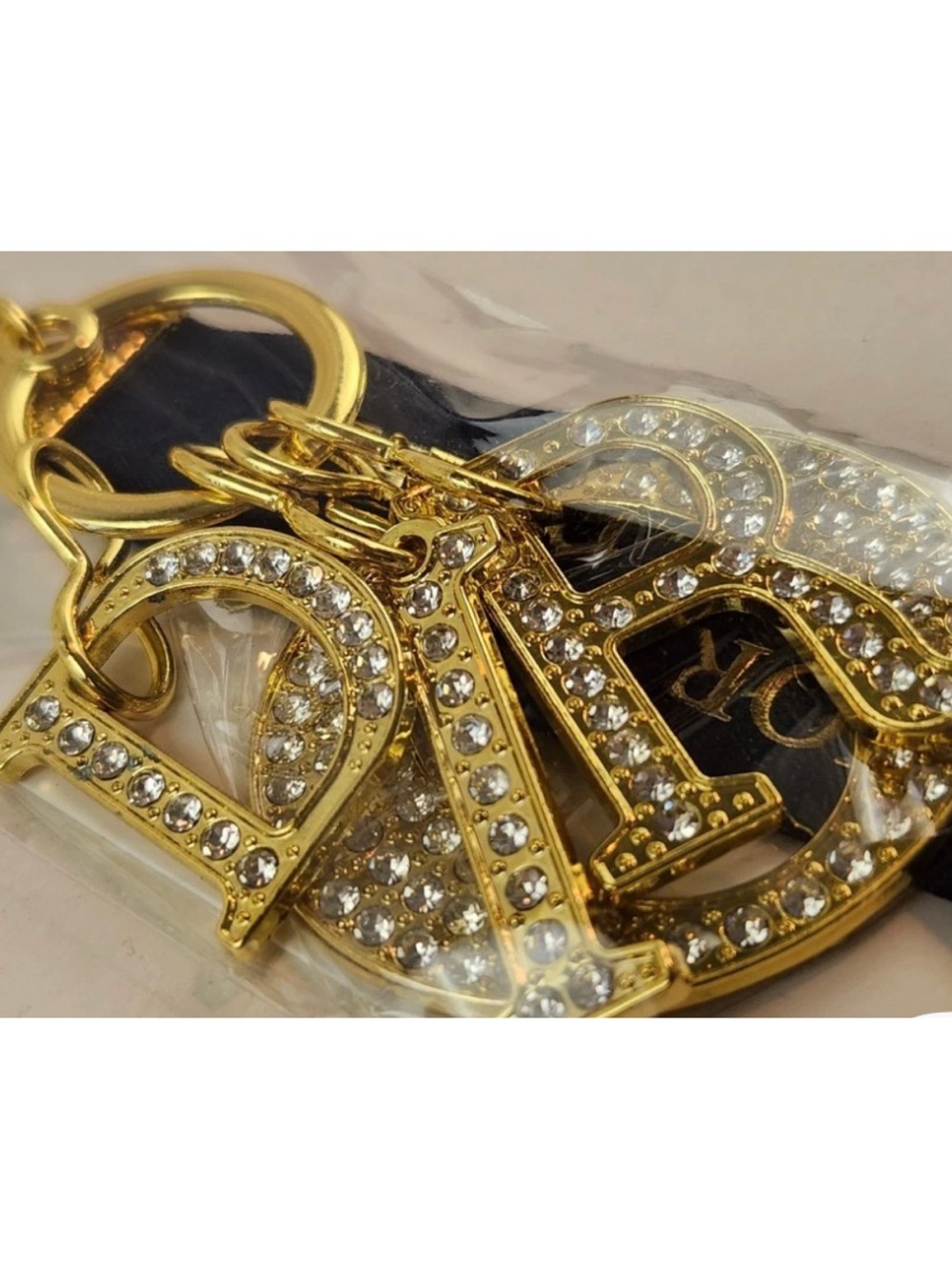 New Dior Gold Crystal Letter Charm Keyring with Navy Dior Ribbon - Picture 2 of 5